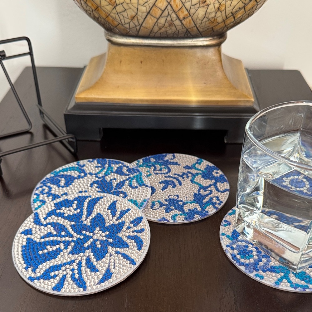 Handcrafted Blue Floral Diamond Art Acrylic Coasters - Set of 4 - Picture 3 of 6